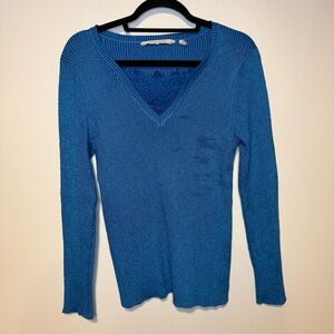 SOFT SURROUNDINGS Aqua Blue Ribbed Knit Sweater V Neck Lace Detailing Pullover S